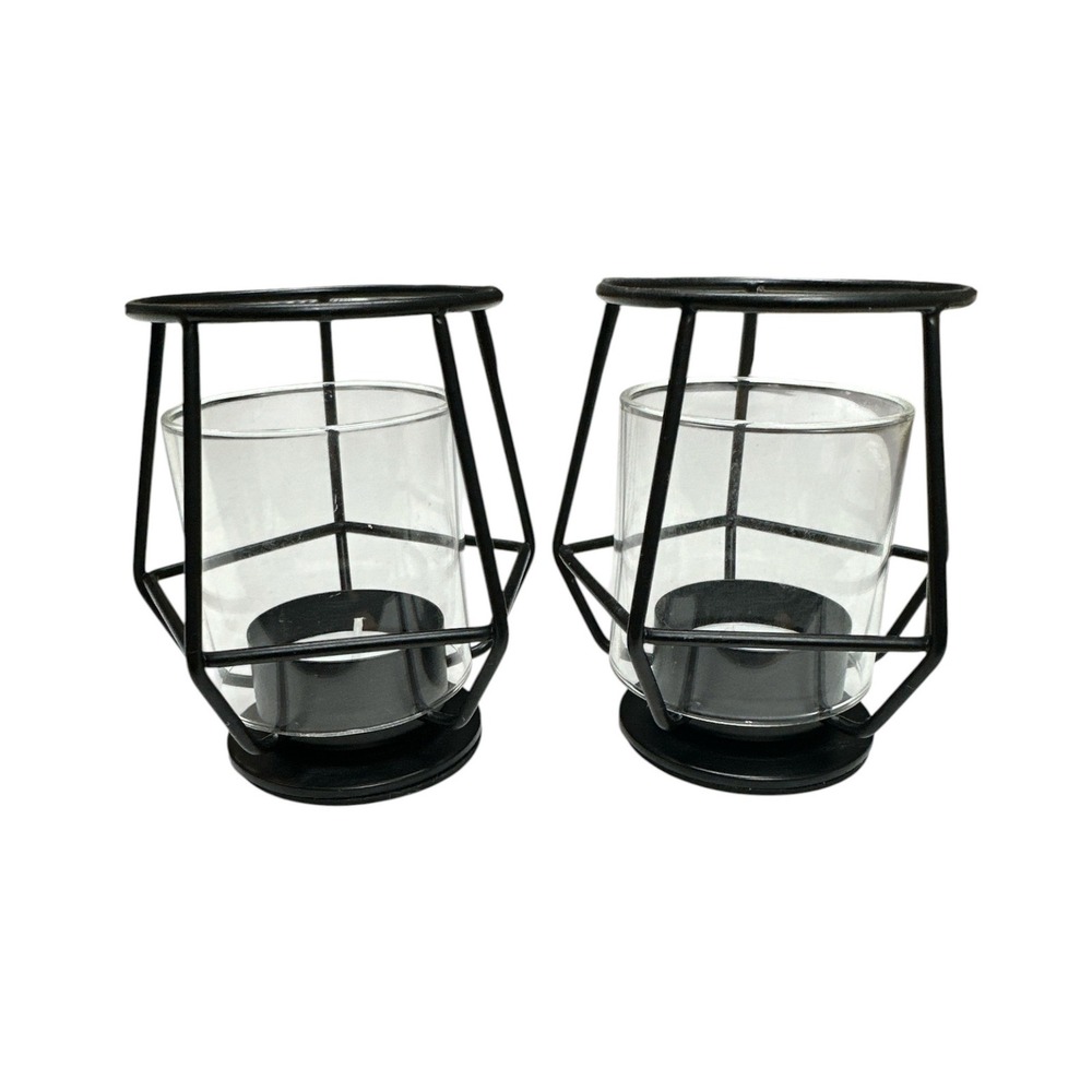 Set of 2 Black Geometric Metal Wire Tea Light Candle Holders with Glass Inserts